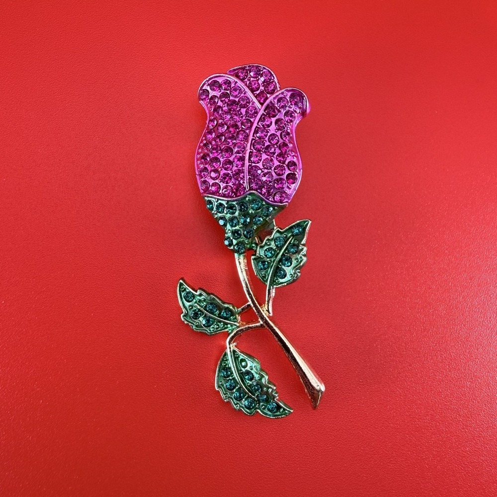 Dark Pink Rose Rhinestone Brooch Pin Gold Tone Floral Flower Crystal Jewelry